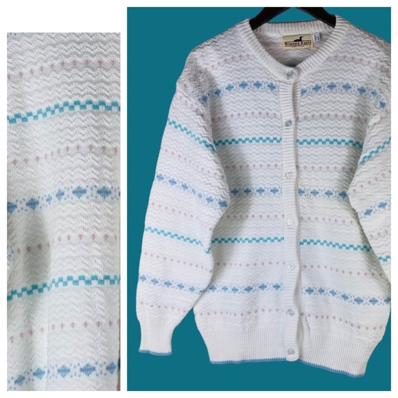 Vtg 80s 90s Winona Knits Large Cardigan Sweater Stripe Pastel Kawaii Fairy Core - Picture 2 of 4